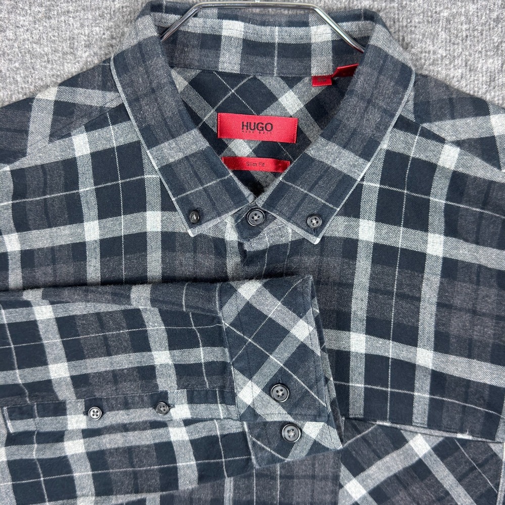 Hugo Boss Shirt Mens XL Slim Fit Gray Plaid Flannel Enico Long Sleeve Button